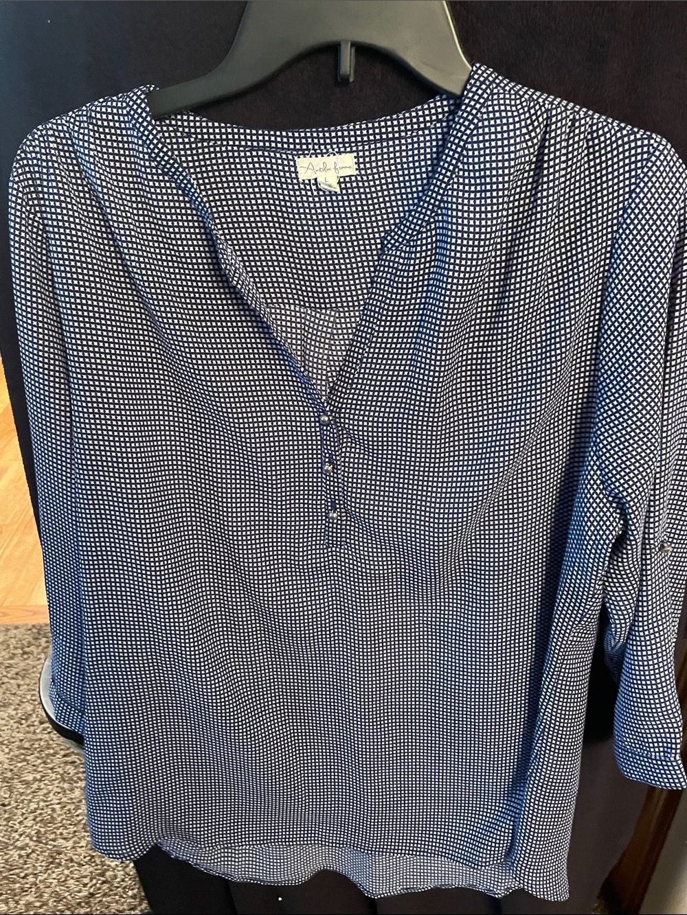 Antilia Femme Navy and White Micro-Check V-Neck Blouse